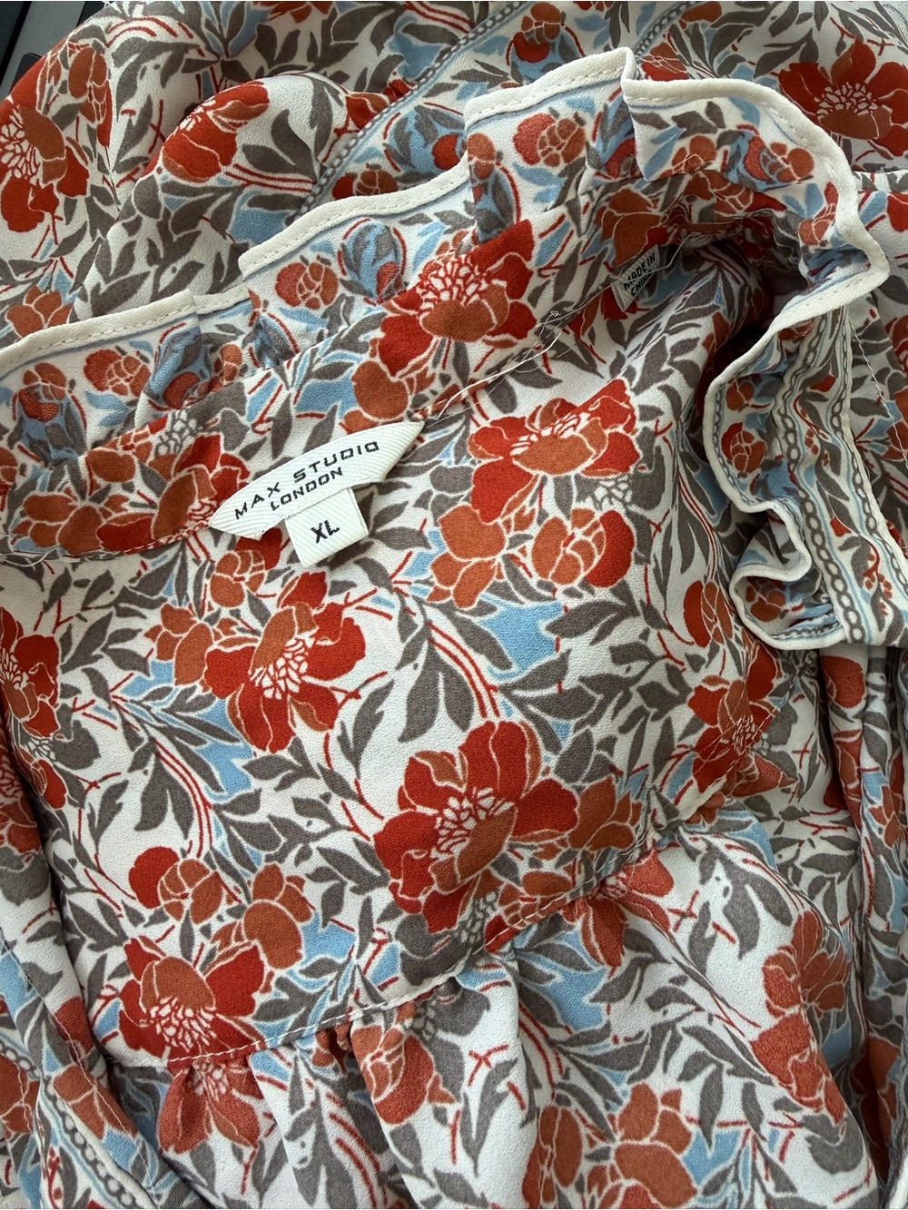 Max Studio Orange Cream Floral Maxi Dress Size XL Boho Ruffle V-Neck Peasant EUC - Picture 7 of 7